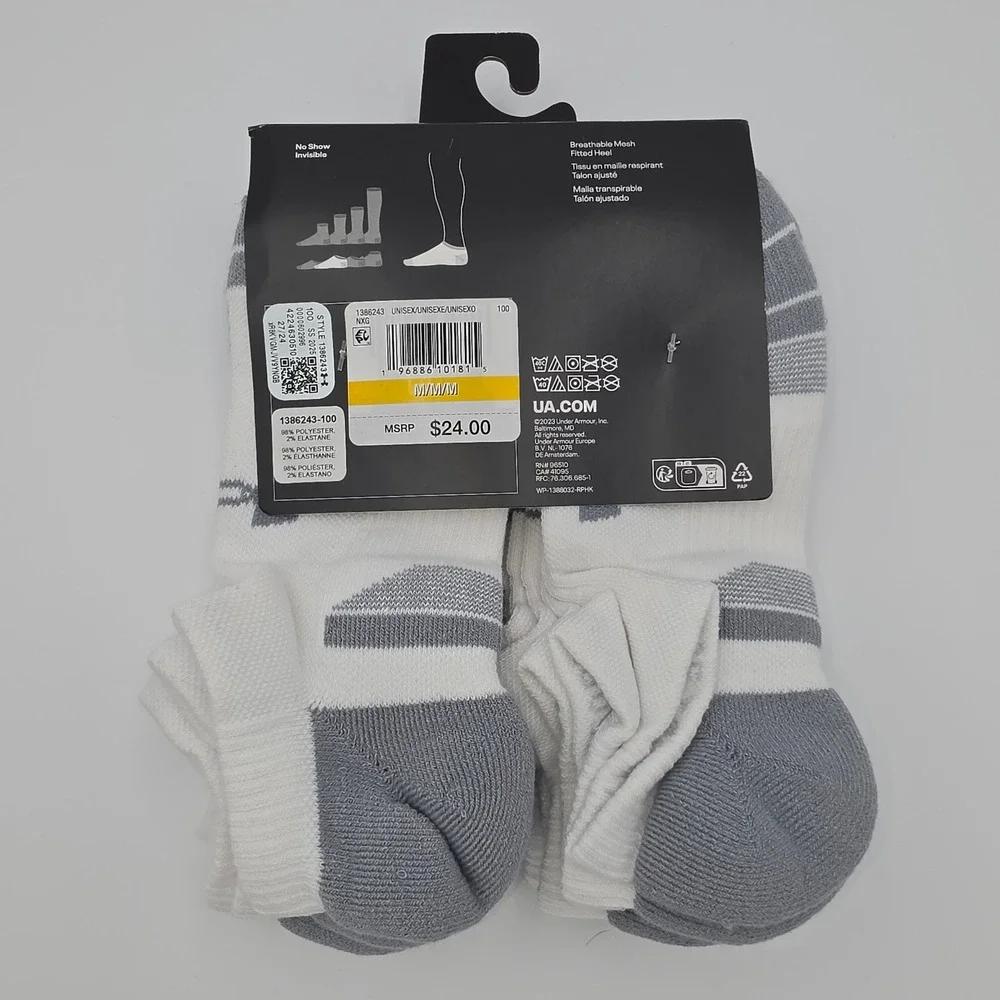 Under Armour Mens Performance Tech No Show Socks 6 Pk White Grey 1386243-100 NWT